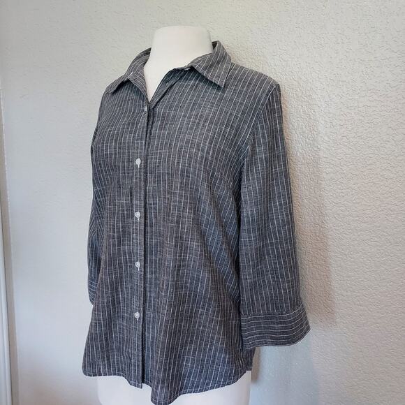 Talbots Gray Pin Stripe Linen Blend Button Down Size M - Picture 4 of 11